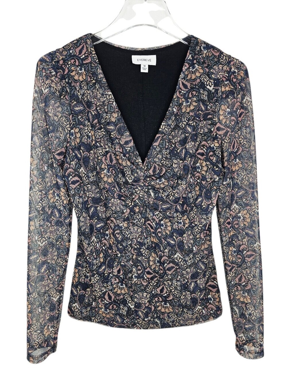Evereve Amora Ruched Mesh Blouse in Black Multi - Picture 3 of 9